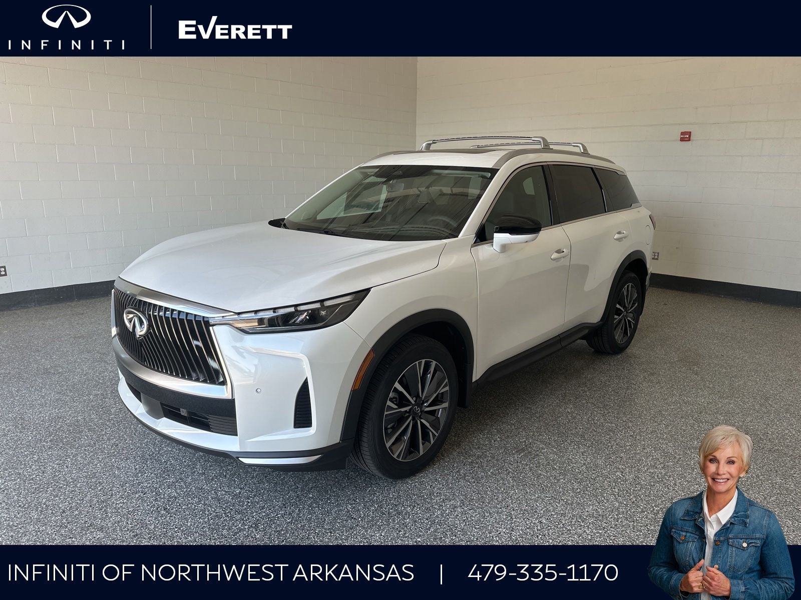 2027 INFINITI QX60 LUXE AWD in Radiant White — front three-quarter view